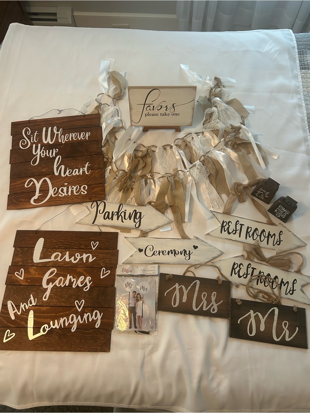 Rustic White & Brown Boho Outdoor Wedding Signs and Ribbon Garland Deco Bundle